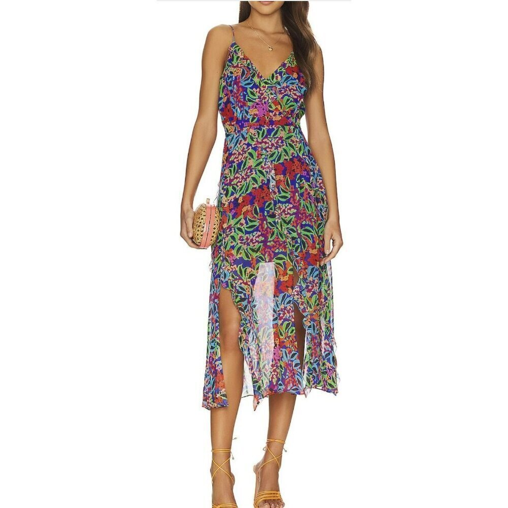 Saloni $550 Silk Dress Ayala Georgette Ruffle Midi Sleeveless Sz 8 NWT